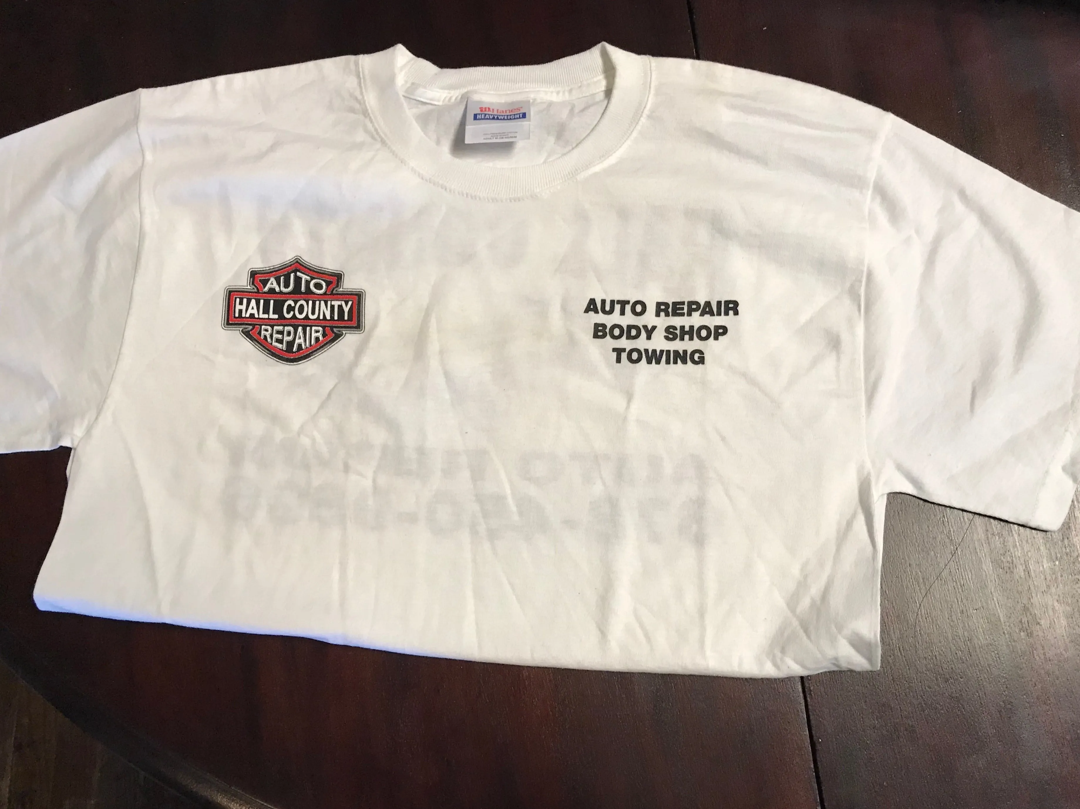 € New Mens Hall County AUTO REPAIR  Body Shop Tshirt Short Sleeve Heavy Cotton White Small Fruit of the Loom