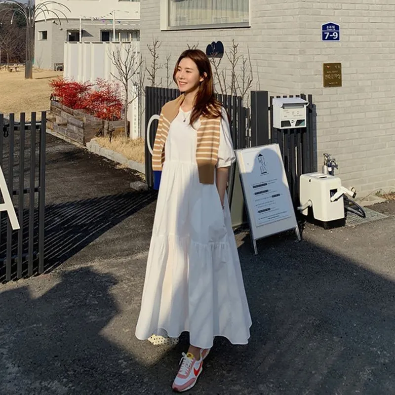 Ankle-Length Fairy Plus A-Line Ladylike Loose Fit White Medium Sleeve Dress