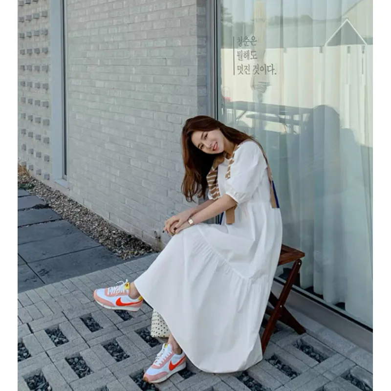 Ankle-Length Fairy Plus A-Line Ladylike Loose Fit White Medium Sleeve Dress