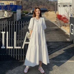 Ankle-Length Fairy Plus A-Line Ladylike Loose Fit White Medium Sleeve Dress