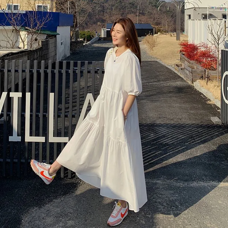 Ankle-Length Fairy Plus A-Line Ladylike Loose Fit White Medium Sleeve Dress