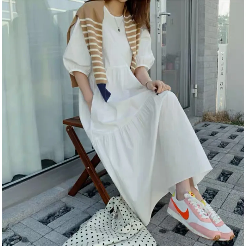 Ankle-Length Fairy Plus A-Line Ladylike Loose Fit White Medium Sleeve Dress