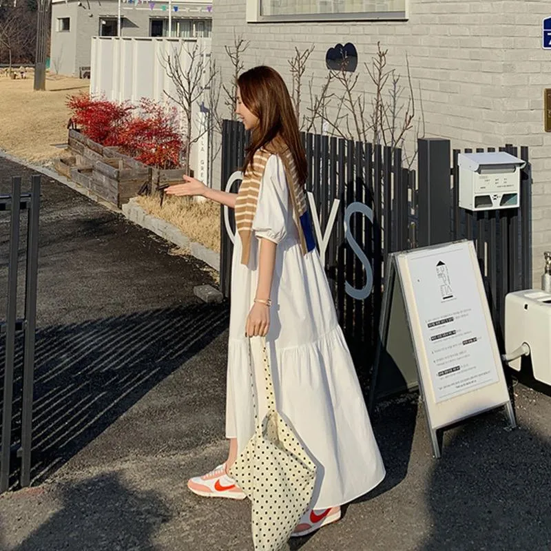 Ankle-Length Fairy Plus A-Line Ladylike Loose Fit White Medium Sleeve Dress