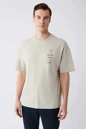 Avva Men's Beige Oversize 100% Cotton Crew Neck Slogan Printed T-shirt