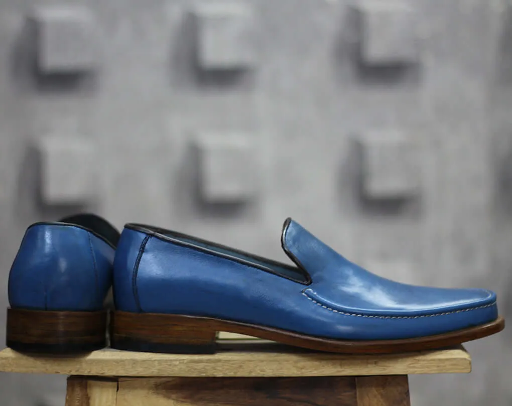 Bespoke Blue Leather Loafer for Men