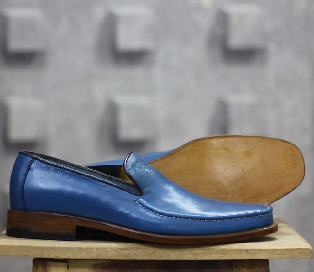Bespoke Blue Leather Loafer for Men