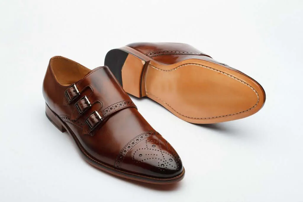 Bespoke Brown Cap Toe Shoes Triple Monk Straps Leather Shoe, Men Shoes,Dress Shoes