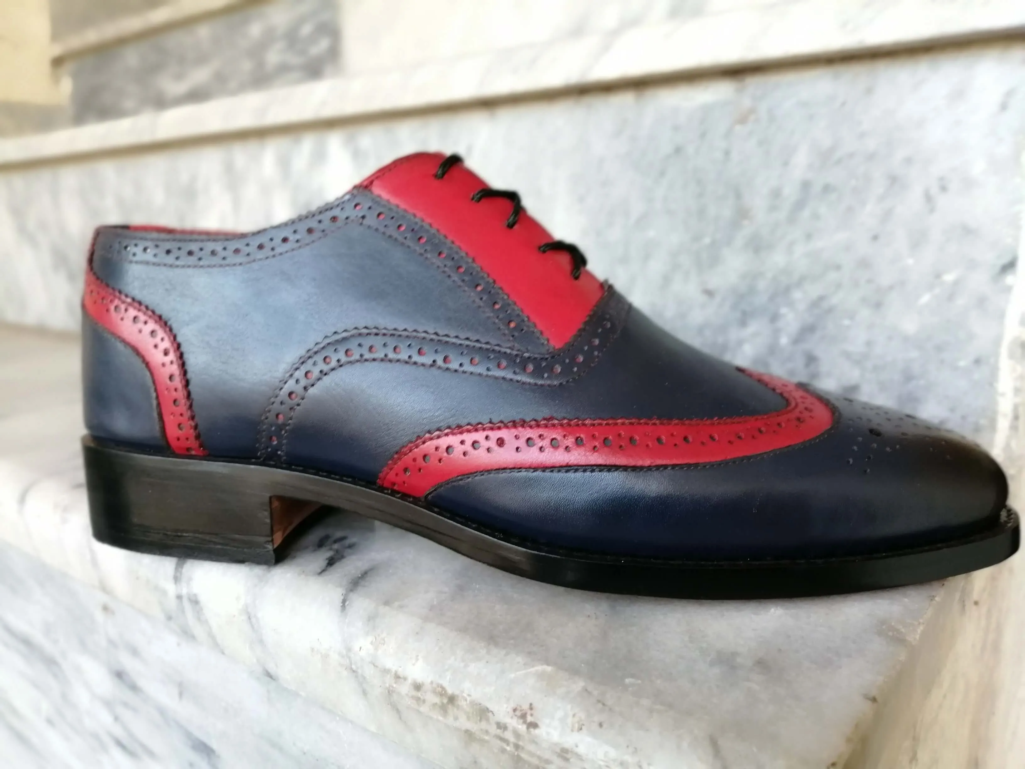 Bespoke Navy Blue Red Leather Wing Tip Shoes for Men's