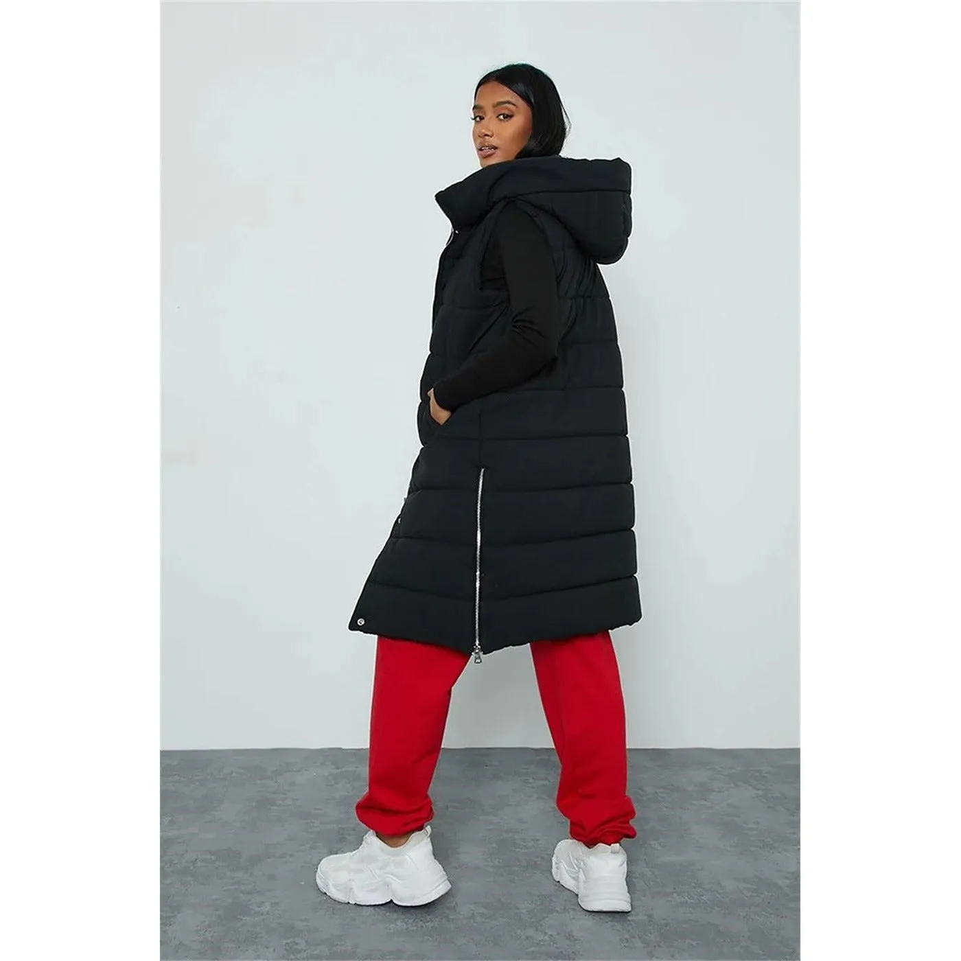 Black Petite Longline Padded Hooded Gilet