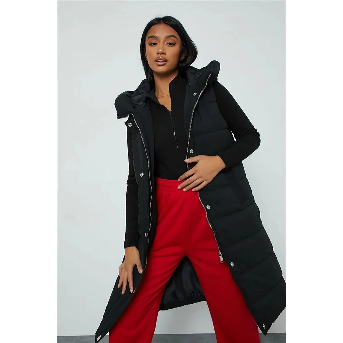 Black Petite Longline Padded Hooded Gilet