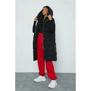 Black Petite Longline Padded Hooded Gilet