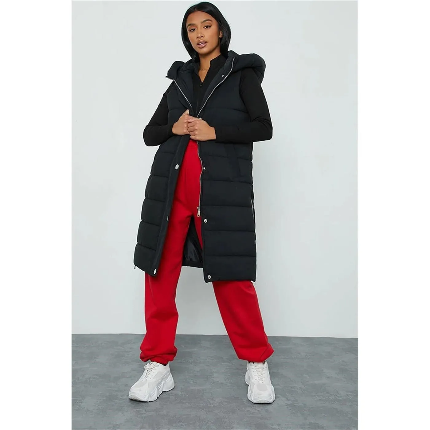 Black Petite Longline Padded Hooded Gilet
