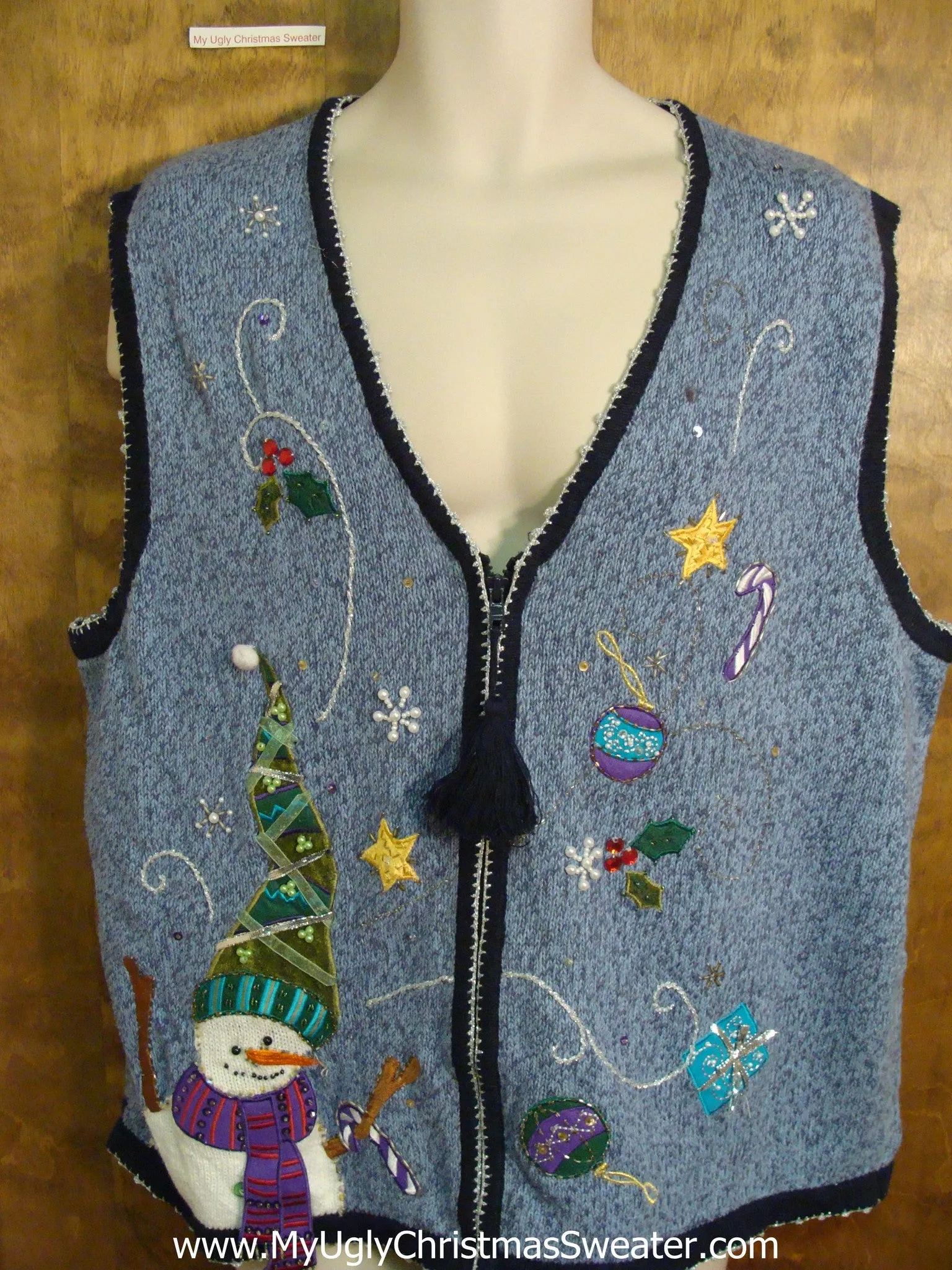 Blue Ugliest Christmas Sweater Vest with Tassle Zip Pull