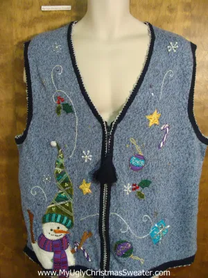 Blue Ugliest Christmas Sweater Vest with Tassle Zip Pull