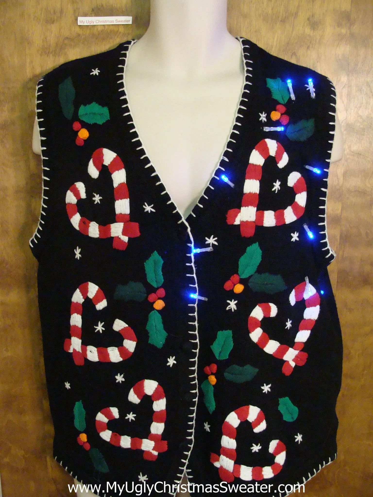 Candycane Hearts Christmas Sweater Vest with Lights