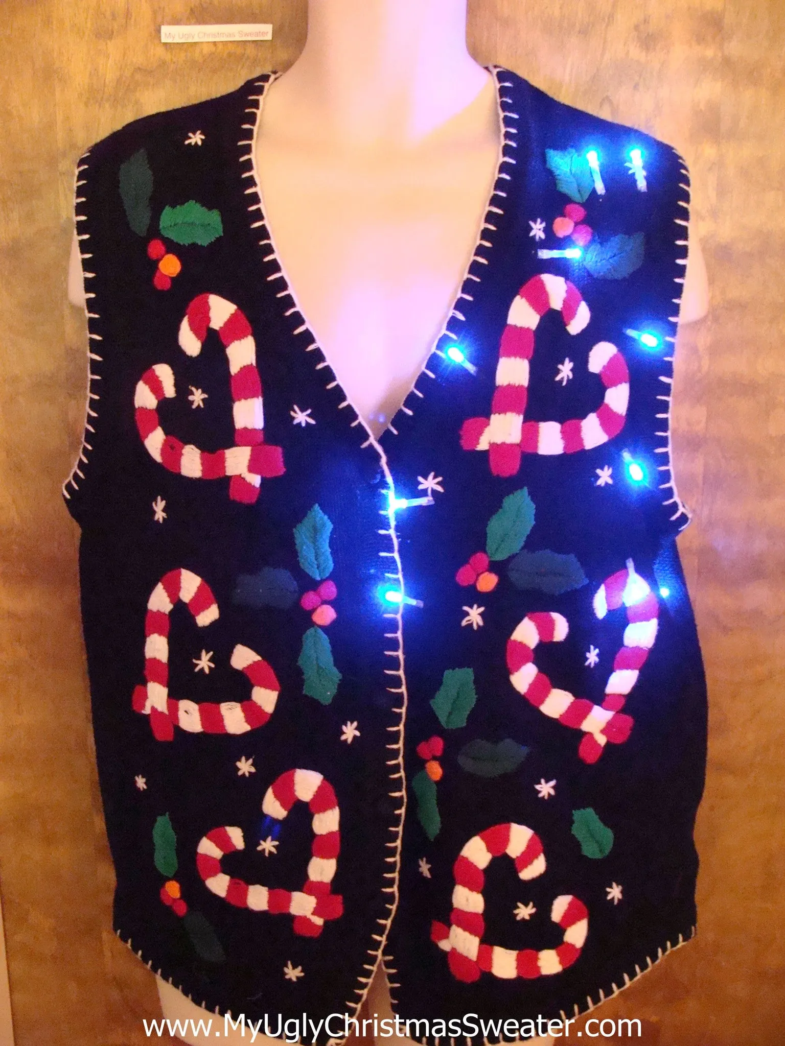 Candycane Hearts Christmas Sweater Vest with Lights