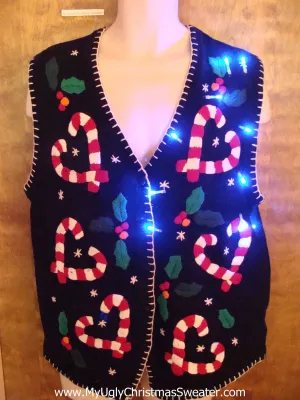 Candycane Hearts Christmas Sweater Vest with Lights
