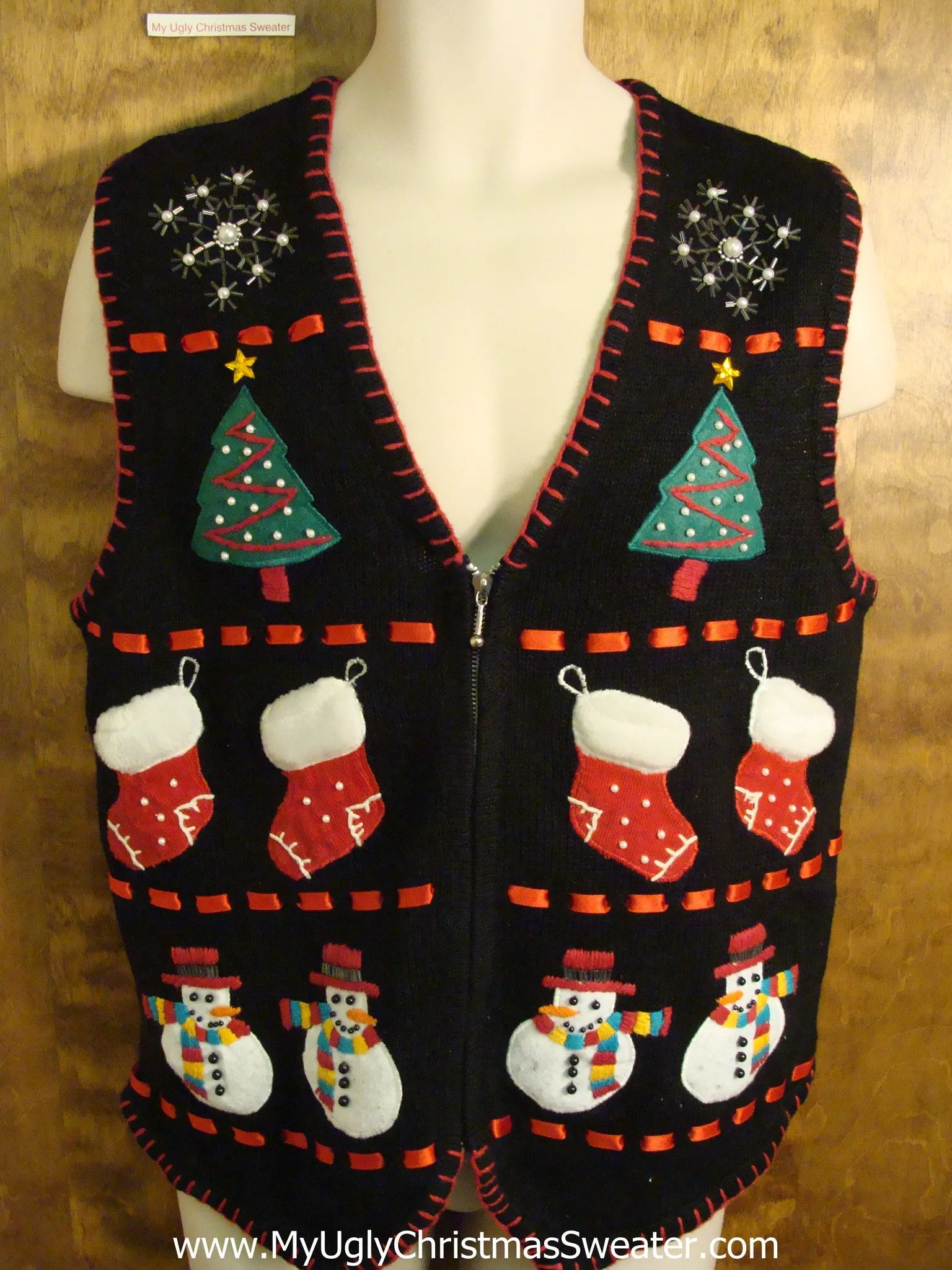 Christmas Sweater Vest with Stockings, Snowmen and Trees