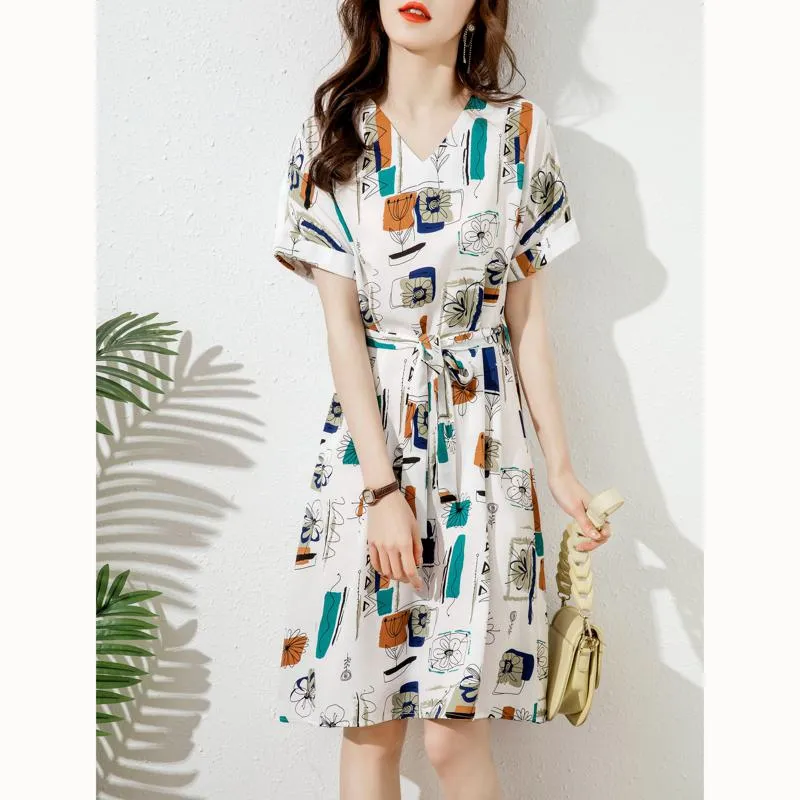 Cinched Waist Slimming Print Geometric Chic French Style Dress