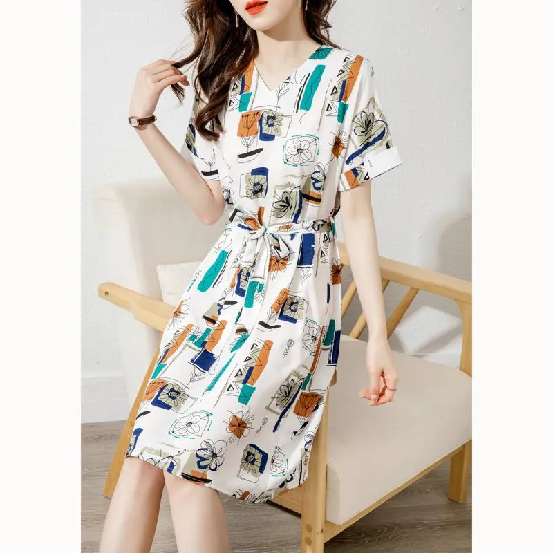 Cinched Waist Slimming Print Geometric Chic French Style Dress
