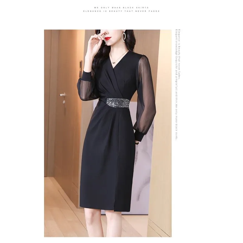 Cinched Waist Slimming V-Neck Dress
