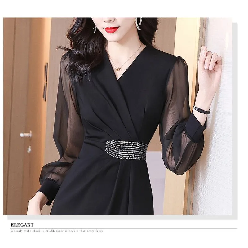 Cinched Waist Slimming V-Neck Dress