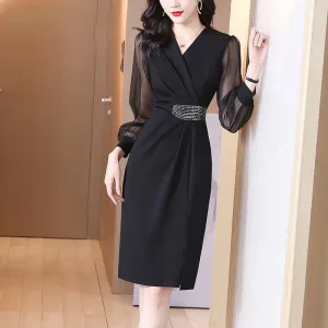 Cinched Waist Slimming V-Neck Dress