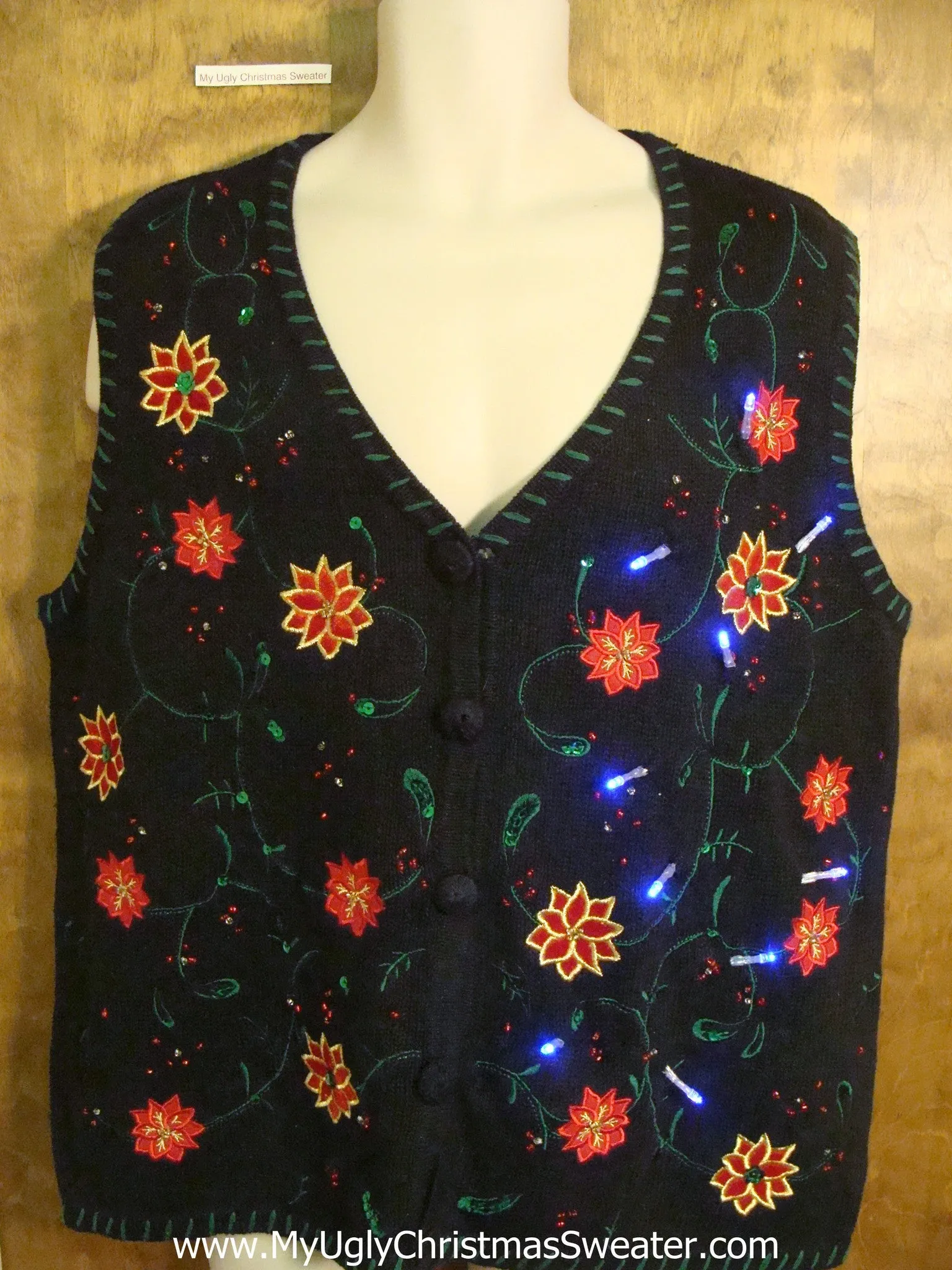 Crazy Black Christmas Sweater Vest with Lights and Poinsettias