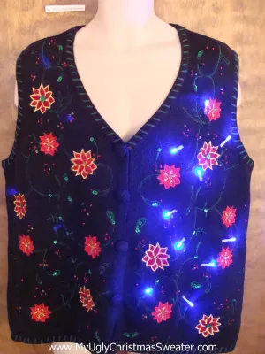 Crazy Black Christmas Sweater Vest with Lights and Poinsettias