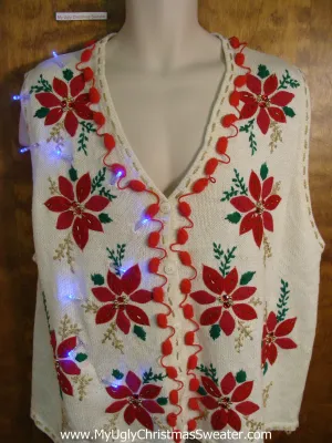 Crazy Poinsettias Christmas Sweater Vest with Lights