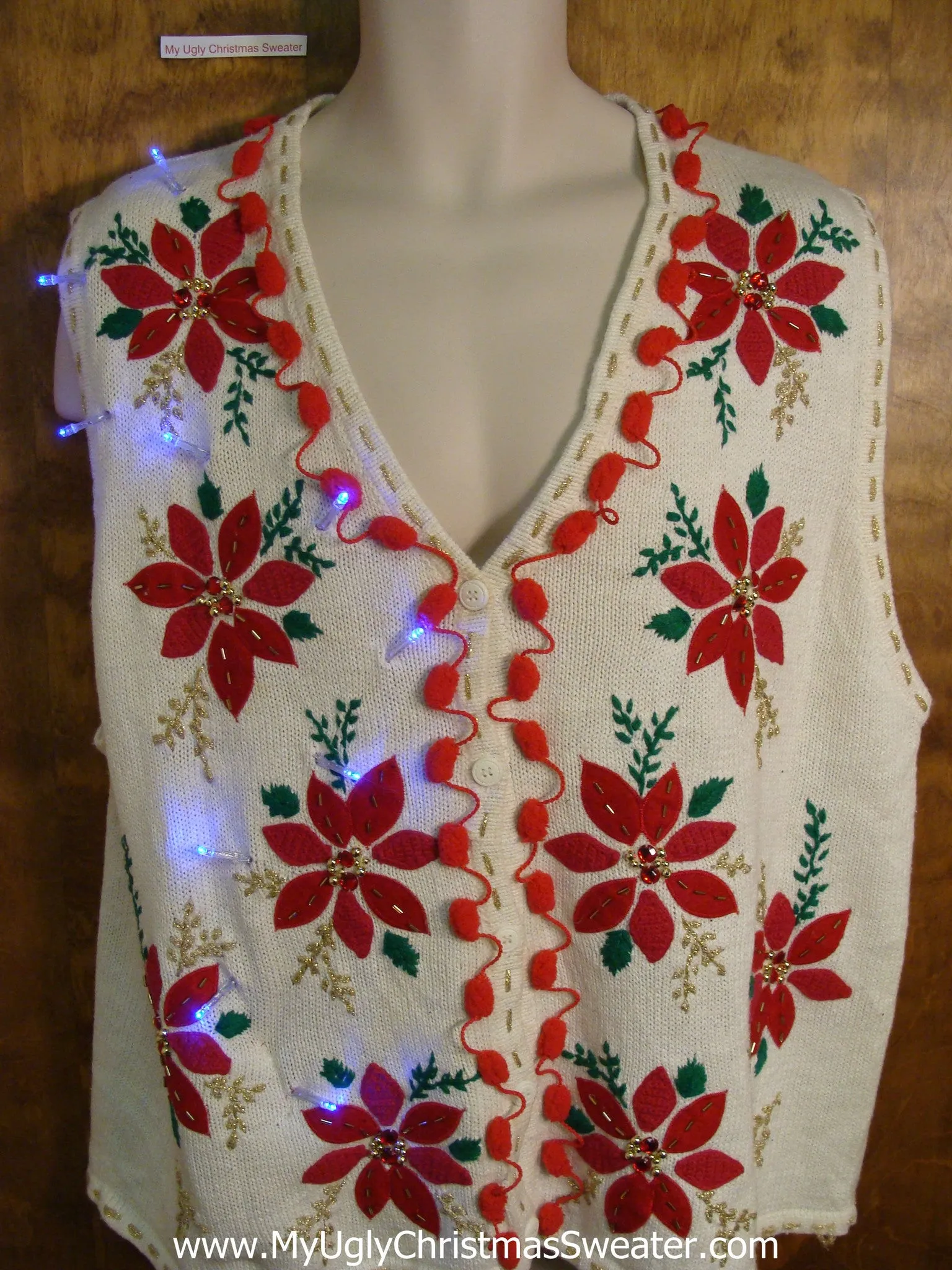 Crazy Poinsettias Christmas Sweater Vest with Lights