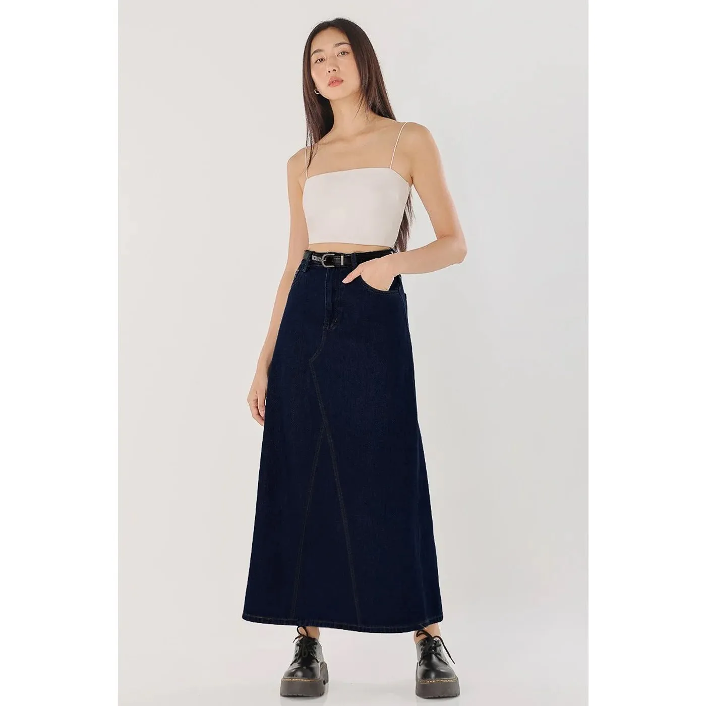 Dark Blue Long Denim Back Slit Skirts