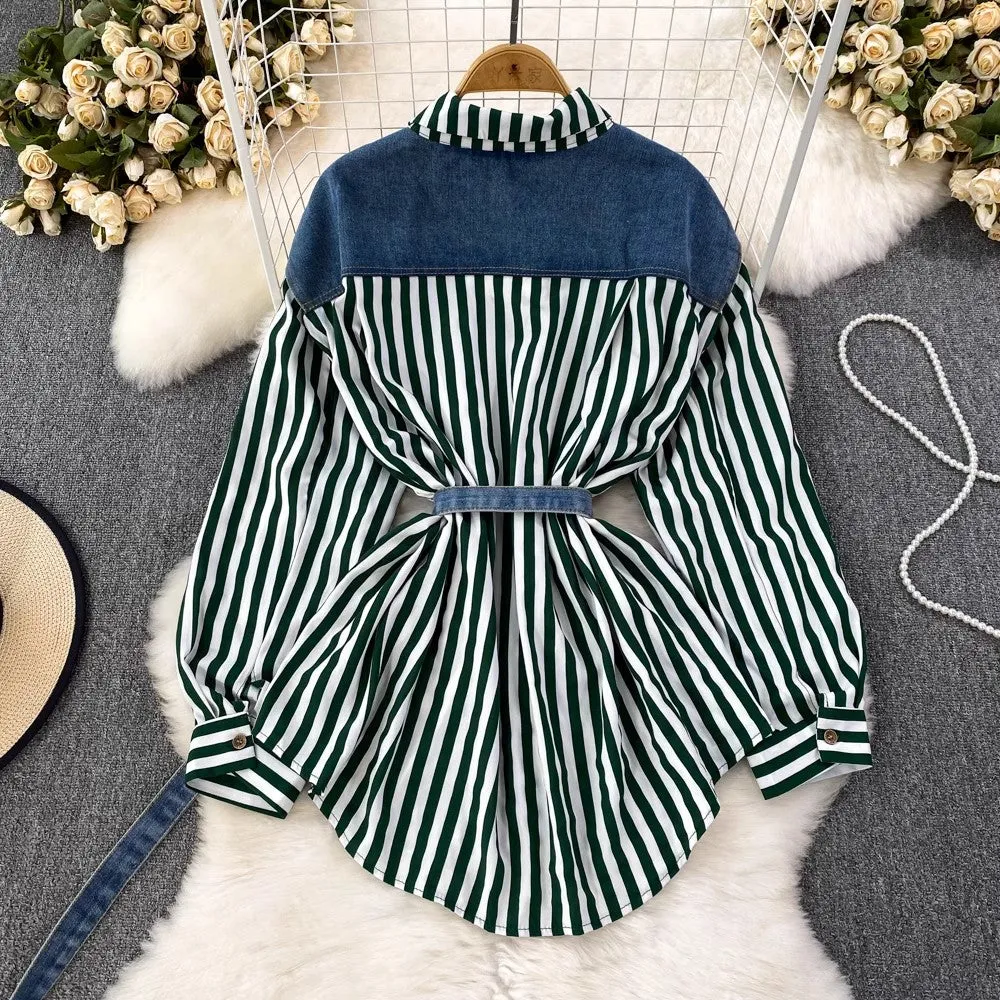 Denim Vest Spliced Striped Shirt Women's Casual Irregular Top    S4051