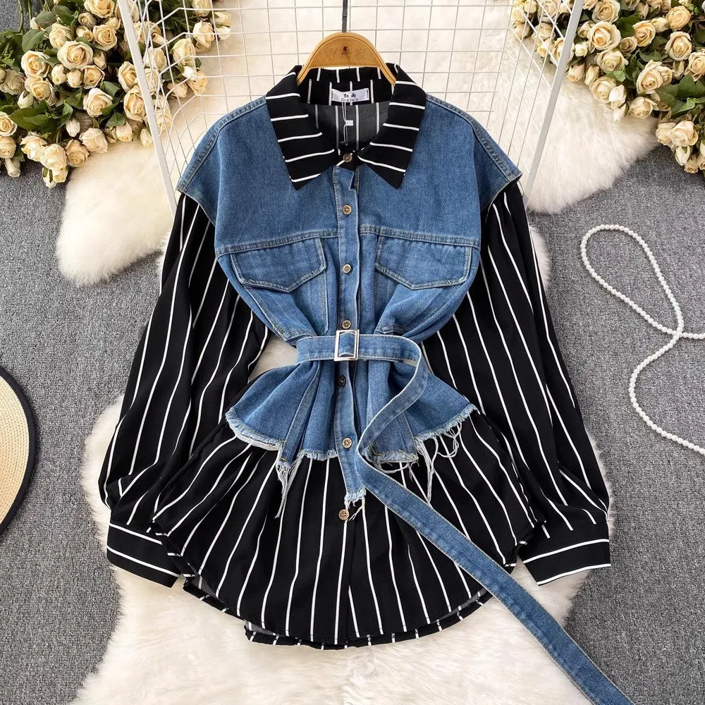 Denim Vest Spliced Striped Shirt Women's Casual Irregular Top    S4051