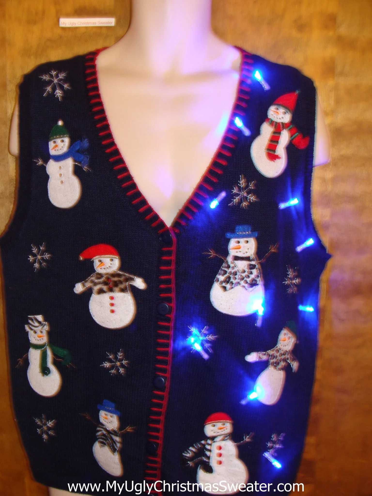 Eight Animal Print Snowmen Light Up Ugly Xmas Sweater Vest