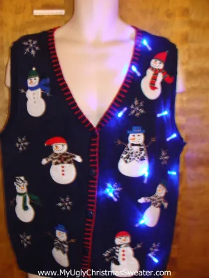Eight Animal Print Snowmen Light Up Ugly Xmas Sweater Vest