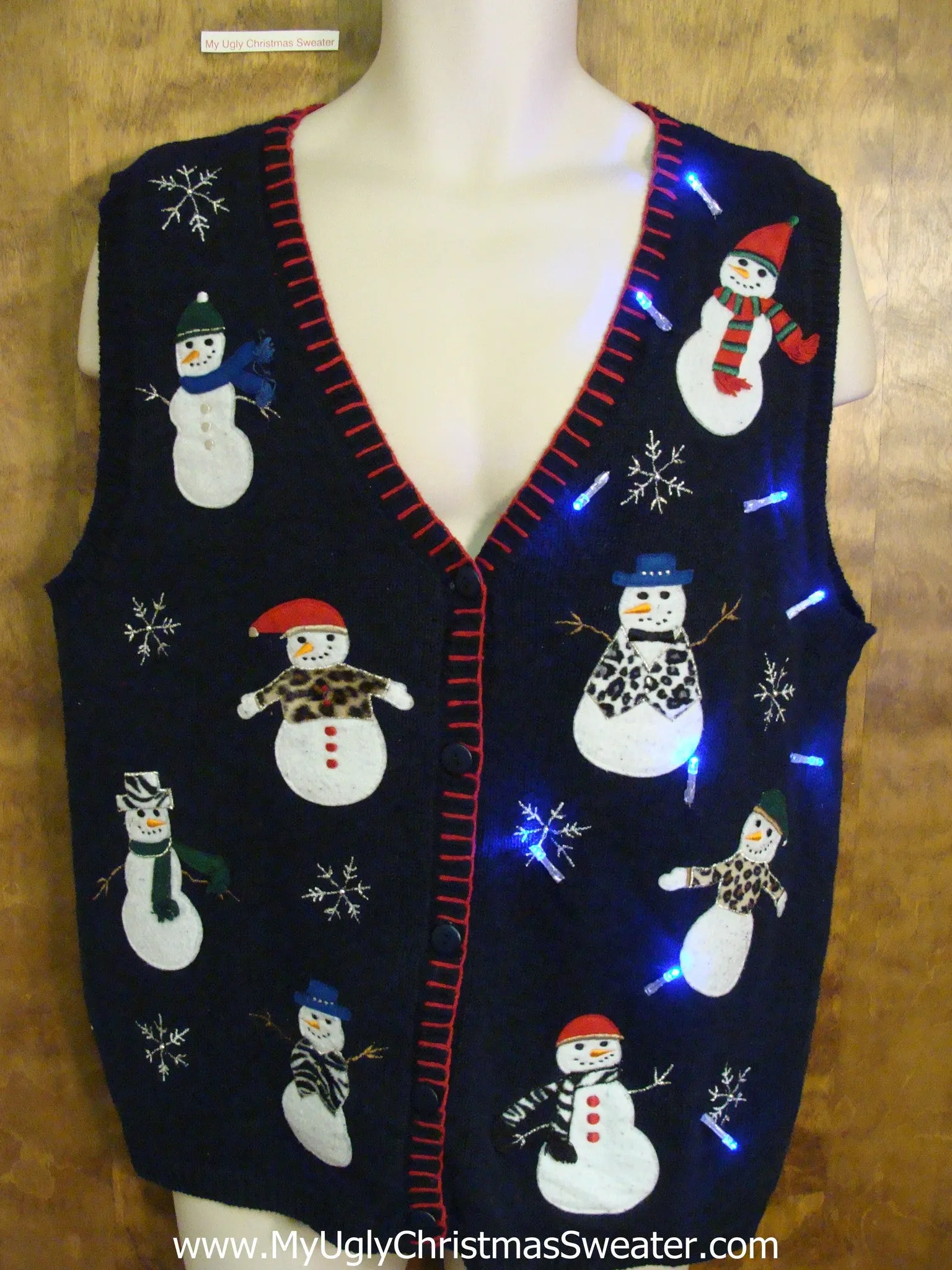 Eight Animal Print Snowmen Light Up Ugly Xmas Sweater Vest
