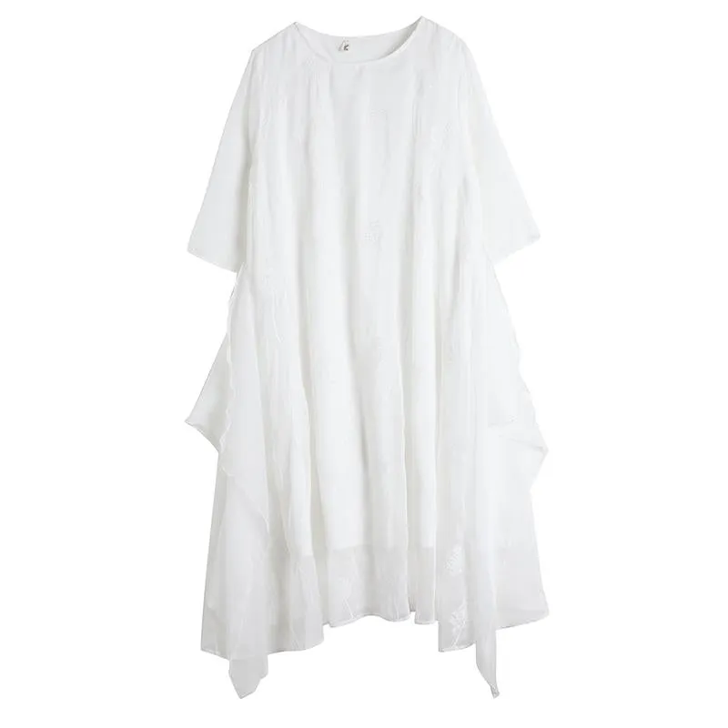 Fairy Round Neck Lace Embroidery Mulberry Silk Loose Fit Slimming Dress