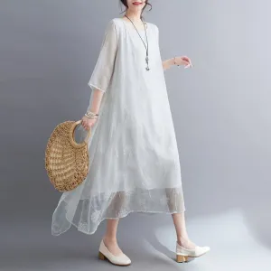 Fairy Round Neck Lace Embroidery Mulberry Silk Loose Fit Slimming Dress