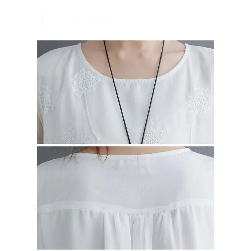 Fairy Round Neck Lace Embroidery Mulberry Silk Loose Fit Slimming Dress