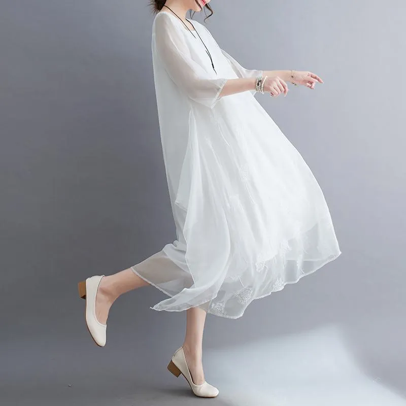Fairy Round Neck Lace Embroidery Mulberry Silk Loose Fit Slimming Dress