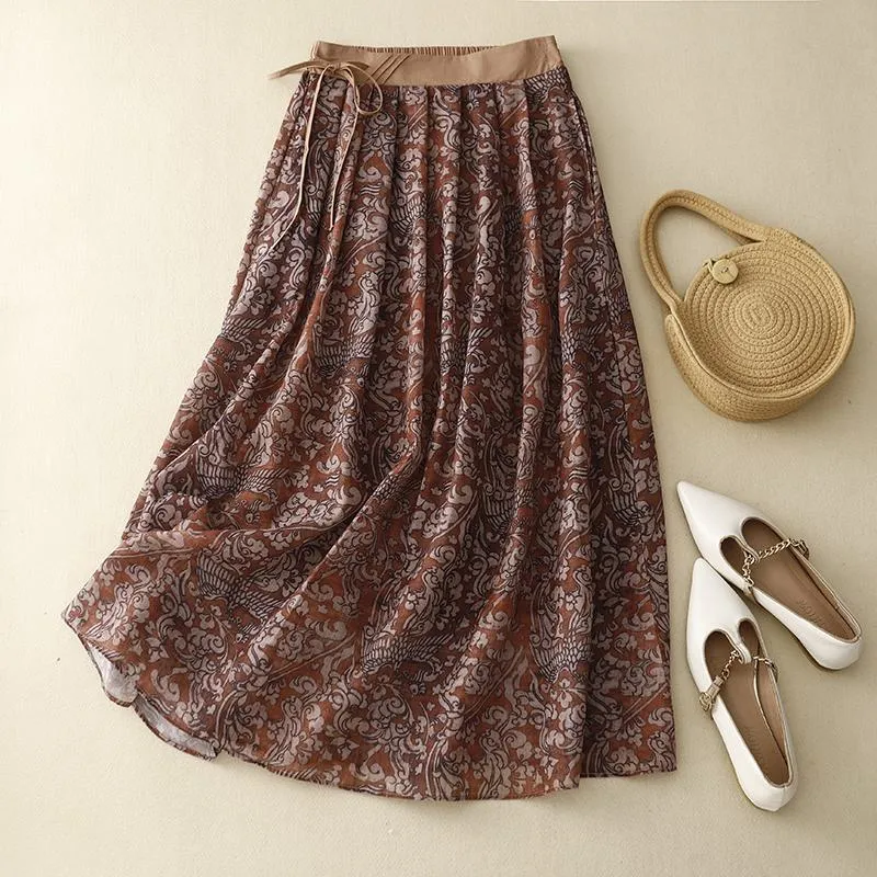 Floral Print Artistic Midi A-Line Mid-Waist Retro Skirt
