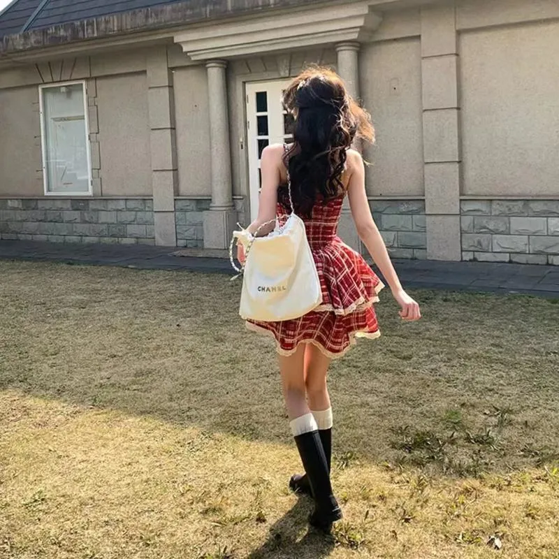 Fluffy Red Lace Solid Patchwork Checkered Pattern Dress