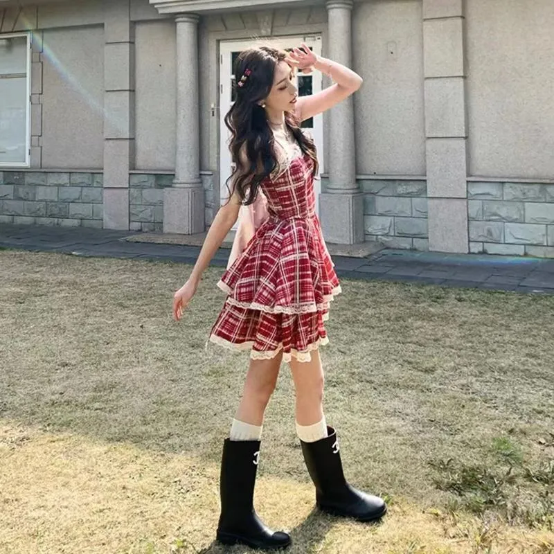 Fluffy Red Lace Solid Patchwork Checkered Pattern Dress
