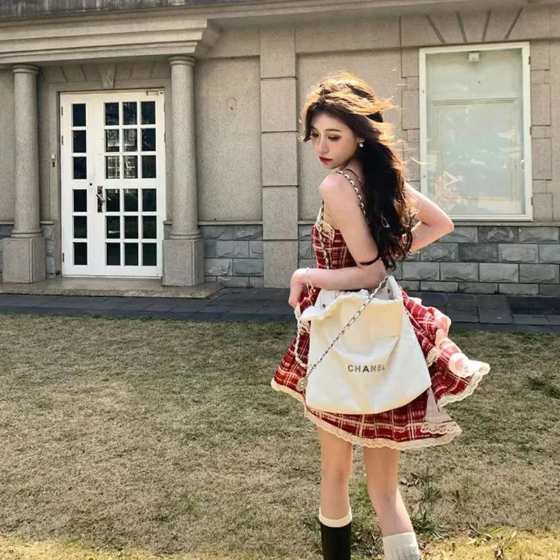 Fluffy Red Lace Solid Patchwork Checkered Pattern Dress