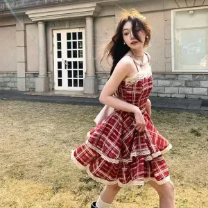 Fluffy Red Lace Solid Patchwork Checkered Pattern Dress
