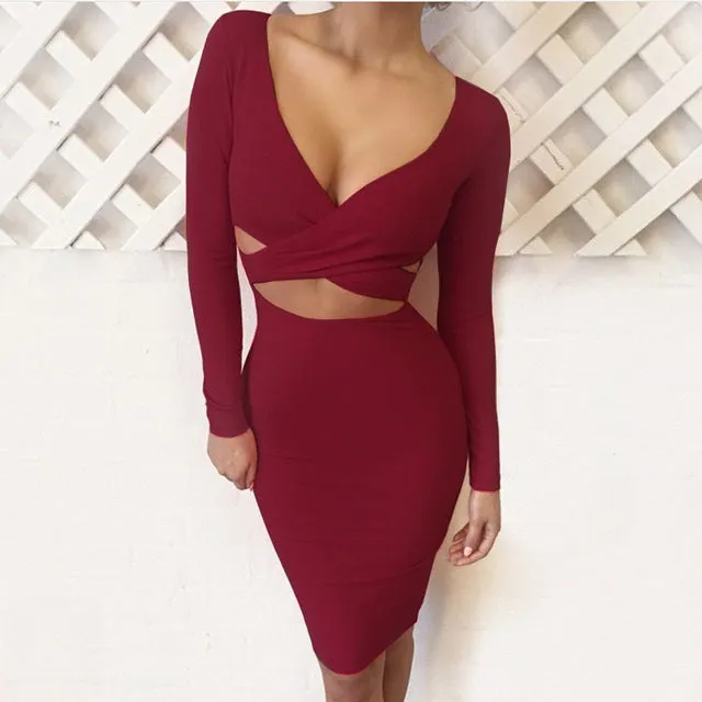 Forefair Sexy Criss Cross Bodycon Dress Women Spring Long Sleeve Night Club Wear Bandage Party Dresses Black Red Blue Vestido