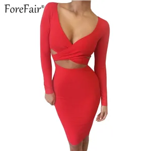 Forefair Sexy Criss Cross Bodycon Dress Women Spring Long Sleeve Night Club Wear Bandage Party Dresses Black Red Blue Vestido