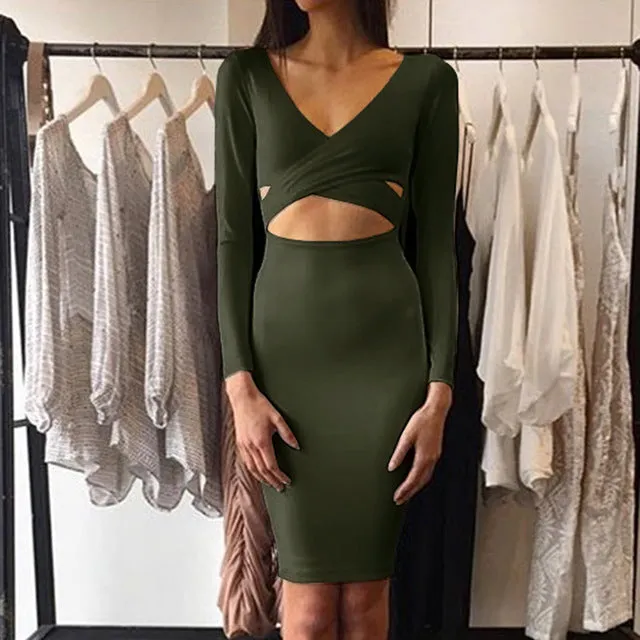 Forefair Sexy Criss Cross Bodycon Dress Women Spring Long Sleeve Night Club Wear Bandage Party Dresses Black Red Blue Vestido