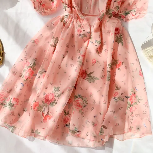French Floral V Neck Summer Chiffon Dress    S4445